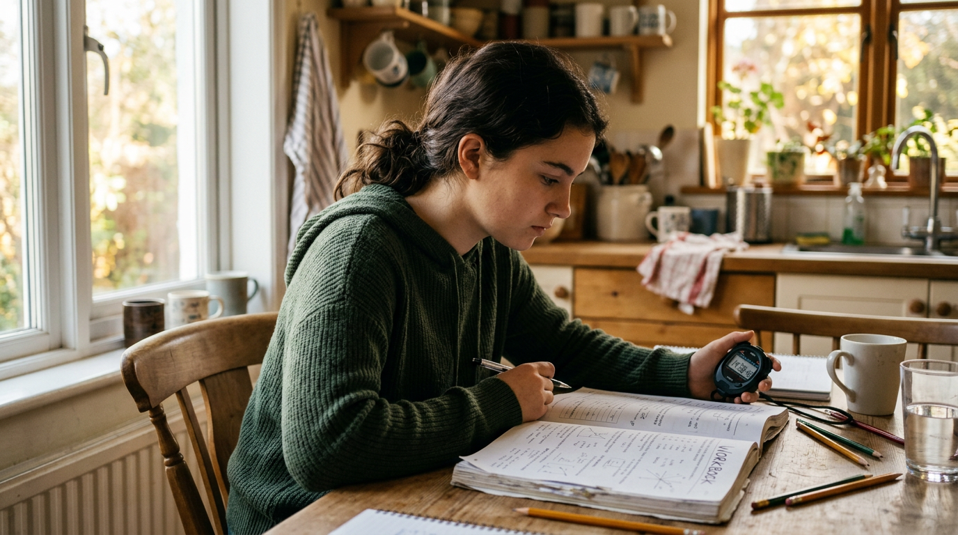 High school student timing an ACT practice test at home
