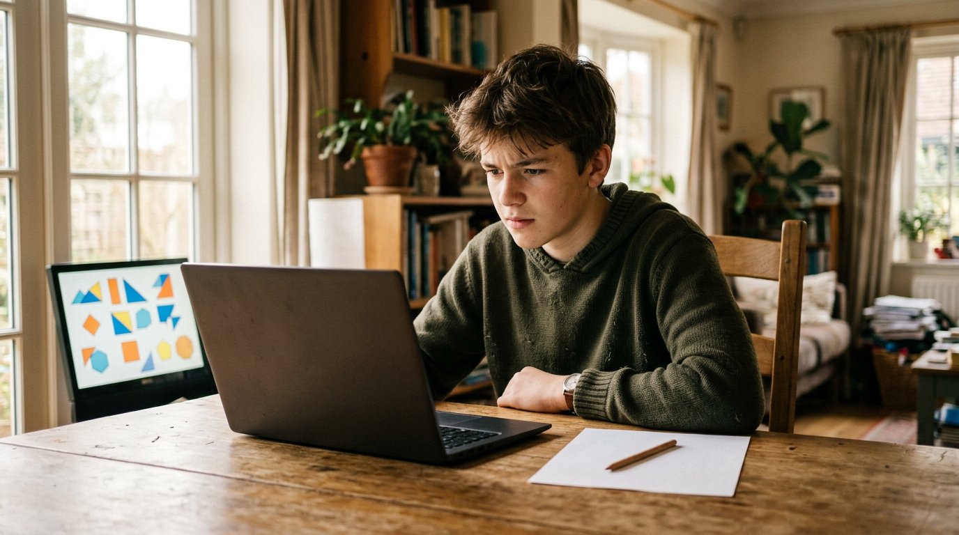 Teenager doing high school geometry homework at a kitchen table