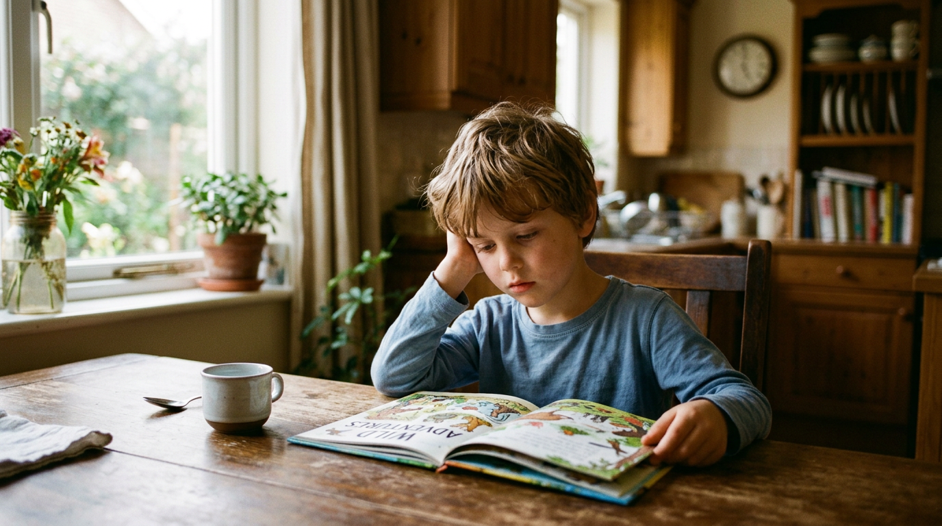 Early elementary child looking at a book at the kitchen table