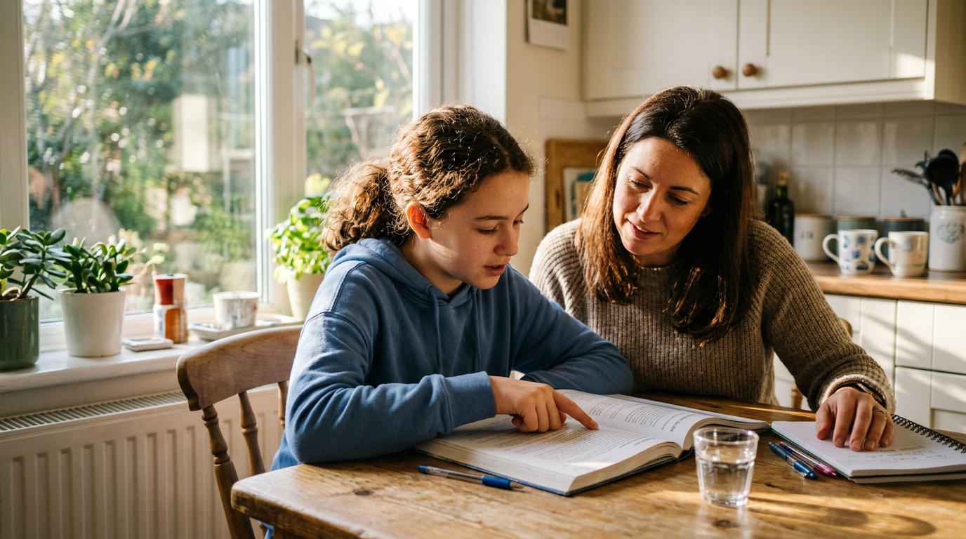 A student and tutor pointing at an open book together at a kitchen table