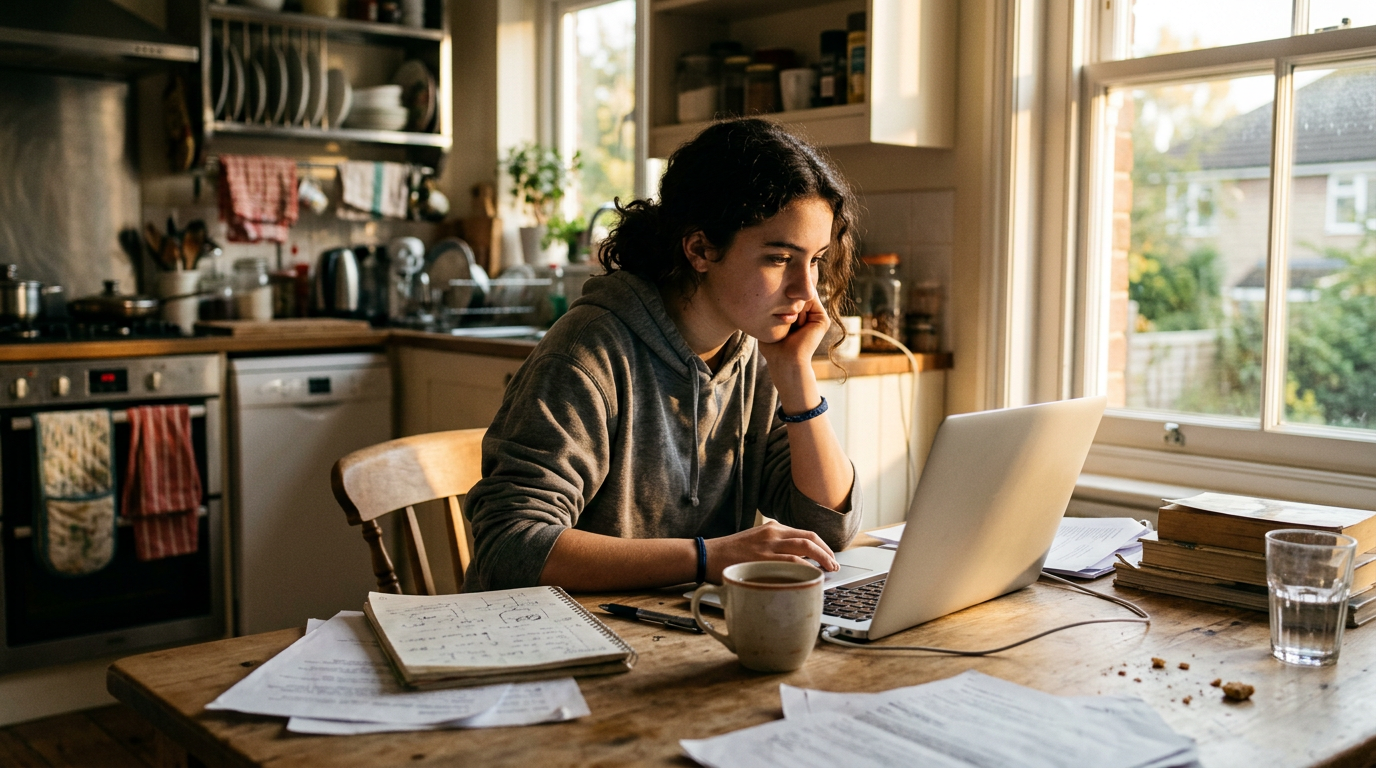 High school student studying for the SAT on a laptop at the kitchen table