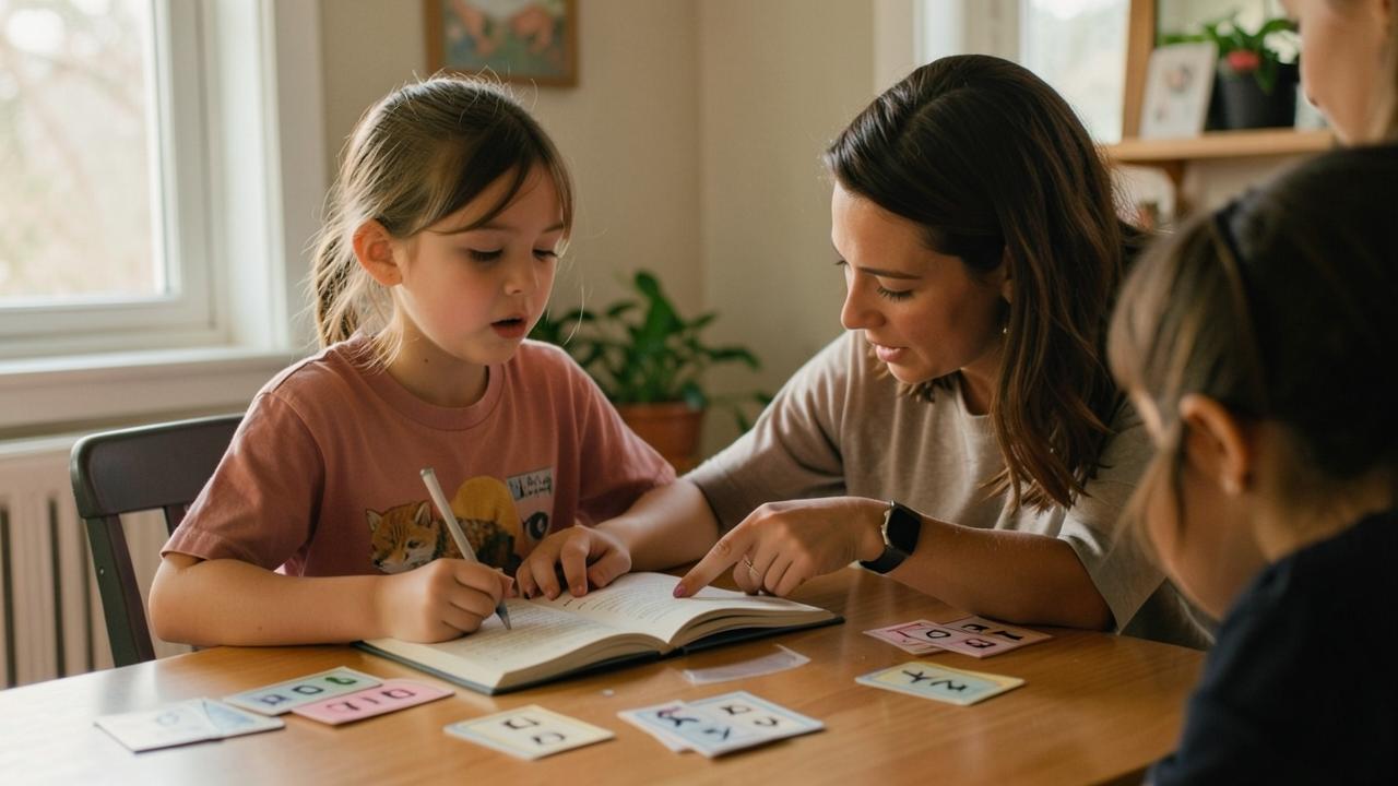 A reading specialist points at a word while a young girl reads aloud, letter cards spread on the table