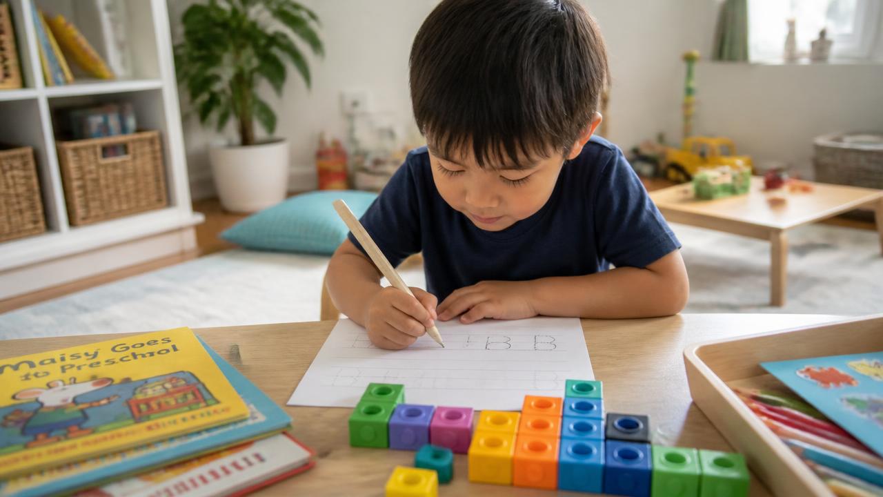 A young child tracing letters at a low table beside counting blocks and picture books