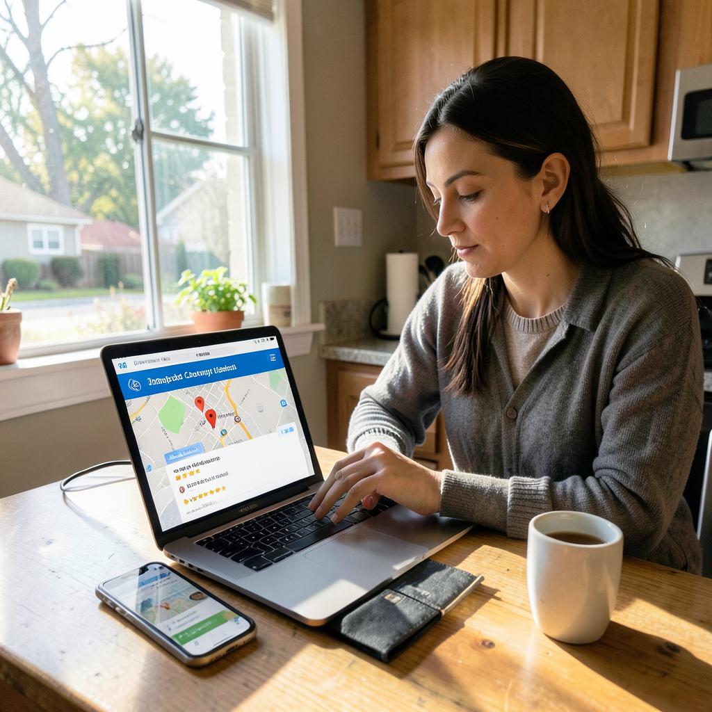 A small business owner updating her Google business listing on a laptop at her kitchen table