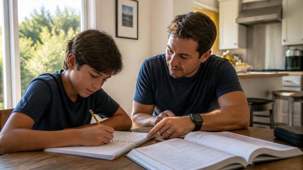 A tutor working through algebra problems with a middle school student at a kitchen table