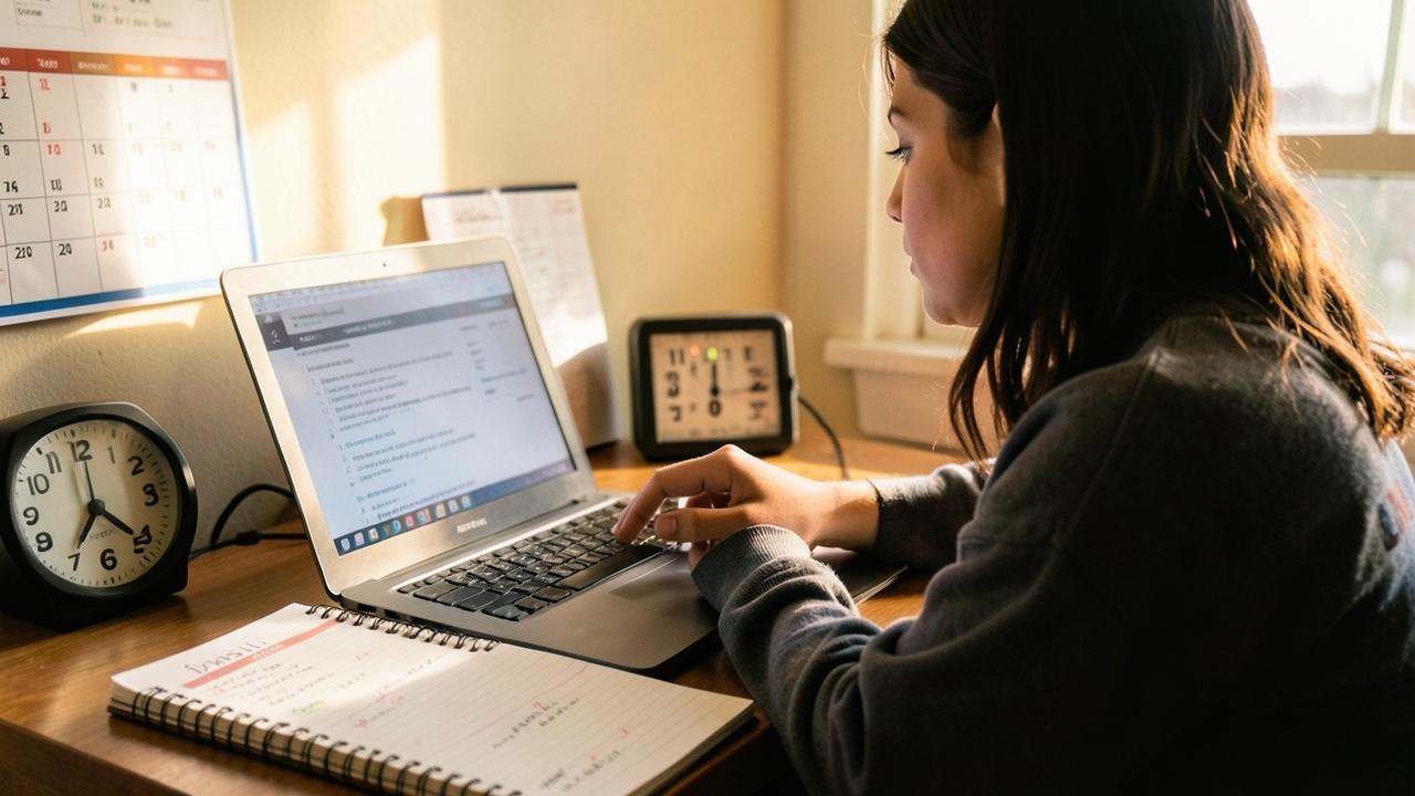 A high school student working through a timed digital SAT practice section on a laptop beside a wall calendar