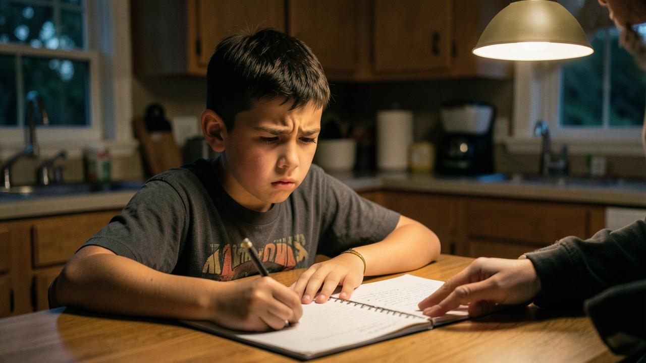 A middle school student looking frustrated over homework at a kitchen table while a parent helps