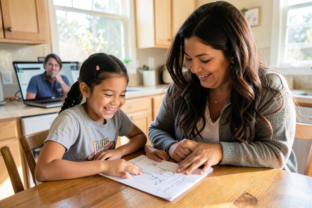A mom and daughter smiling over finished schoolwork during an online tutoring session